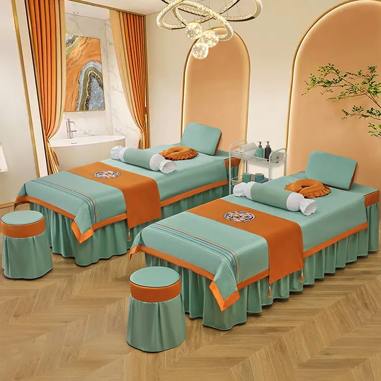 加厚简约纯棉美容院床罩四件套棉麻轻奢美体按摩美容床罩四件套