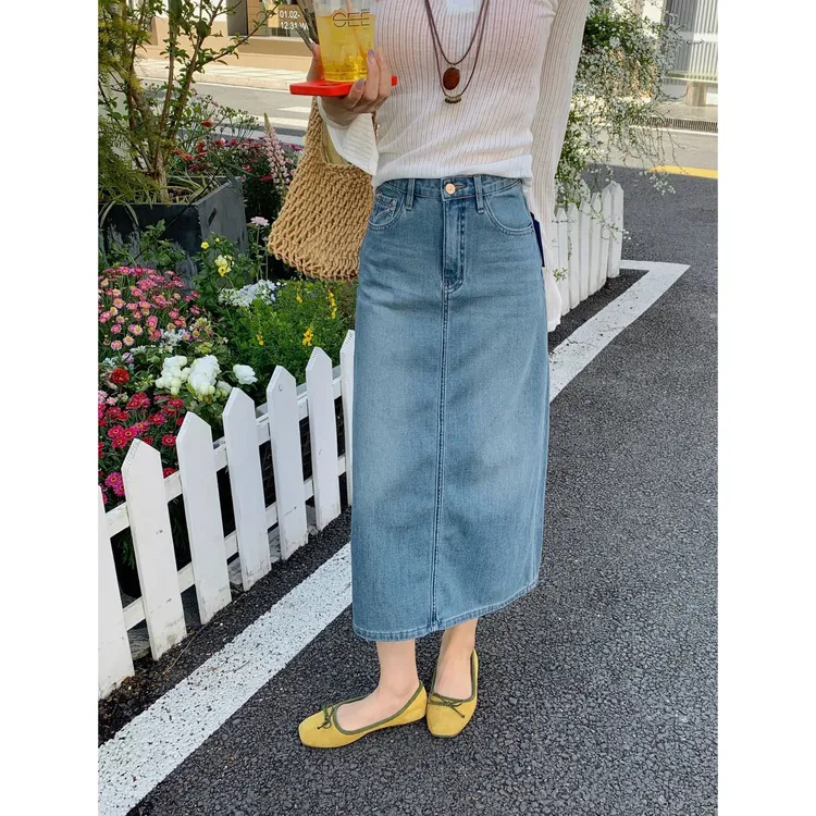 2025春欧货新款小松菜25625高腰显瘦后开叉后兜刺绣牛仔半身裙女