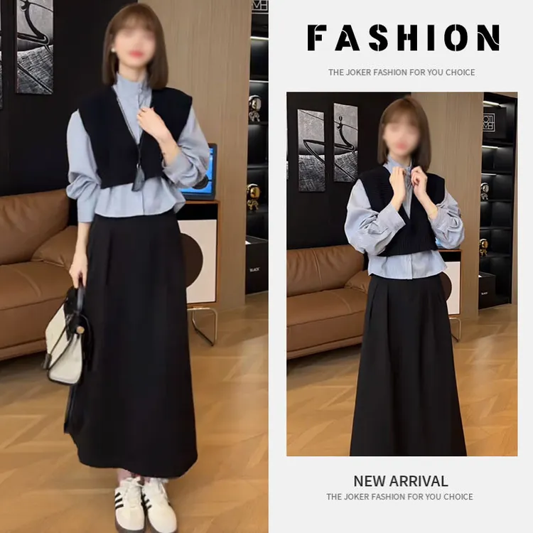 早春一整套女装2025新款洋气短款衬衫无袖马甲高腰半身裙三件套潮