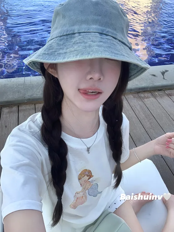 白水女 小美人鱼 雪花棉圆领印花T恤女夏度假风宽松显瘦短袖上衣