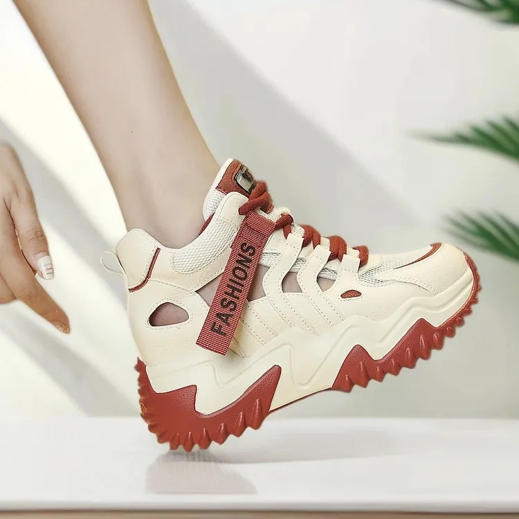 【犇犇】真皮镂空高帮老爹鞋女新款百搭增高休闲透气凉鞋厚底品牌