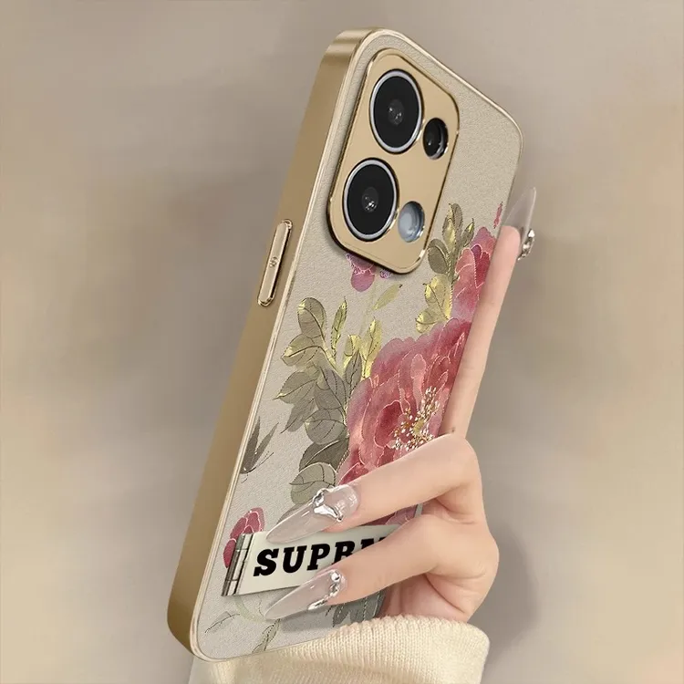 鸿运牡丹适用于OPPOreno14手机壳新款14PRO电镀小羊皮全包高级感