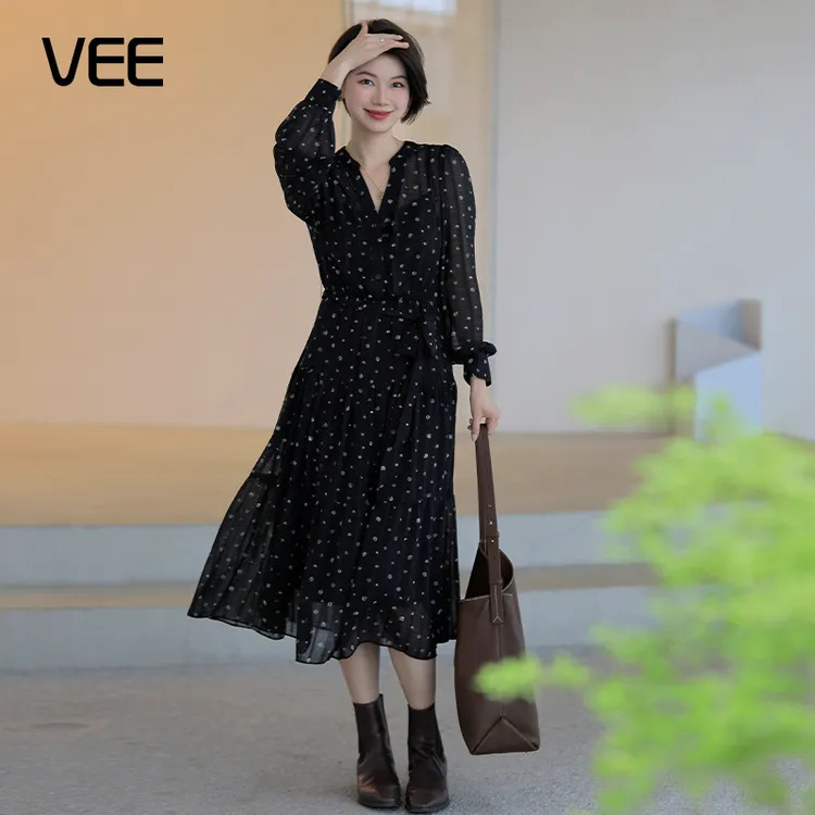 VEE【采风裙】法式优雅通勤显瘦收腰碎花松紧腰长袖连衣裙（赠吊带）