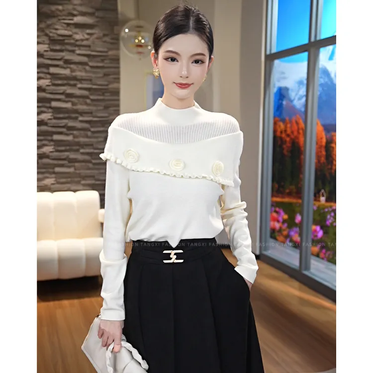 2025秋冬款【8417】含绵羊毛洋气百搭可外穿内搭针织衫米白色毛衣女