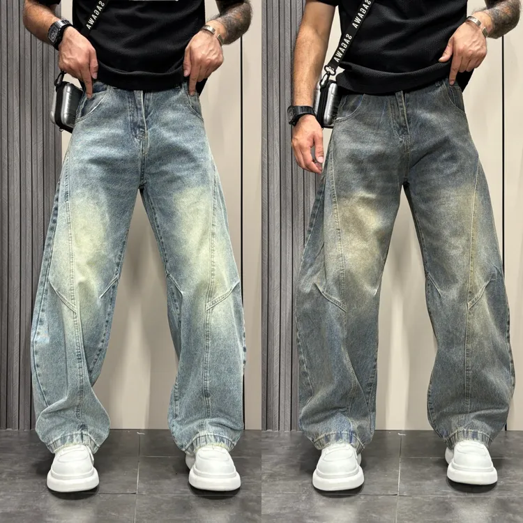 美式弯刀牛仔裤男秋季新款痞帅宽松拉链牛仔裤潮流水洗复古阔腿裤