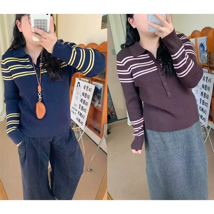 【陈鱼白】翻领条纹复古撞色针织衫秋冬高级感大码女装针织衫3820