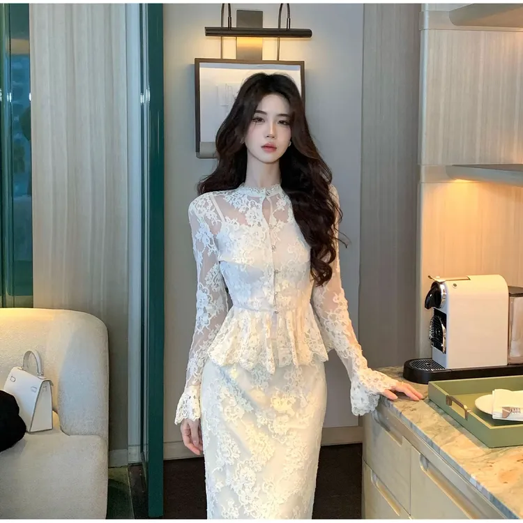 木子李的李皎月凝霜早秋优雅修身蕾丝套装外套两件套直筒半裙
