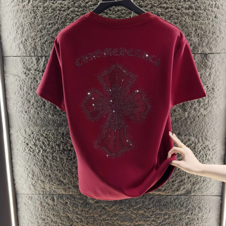 短袖男t恤冬季高级感男装轻奢秋冬重工圆领潮流修身T恤短袖烫钻