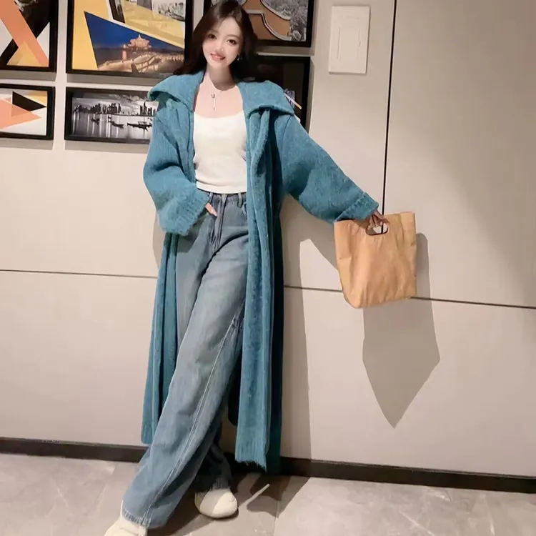 西装领毛衣外套女2025秋冬加厚过膝长款气质系带大衣