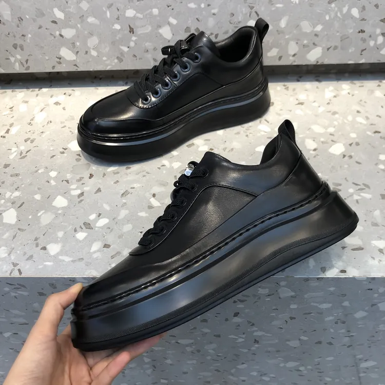 皮鞋冬季一脚蹬头层牛皮男鞋厚底板鞋休闲板鞋黑色潮鞋黑色板鞋男