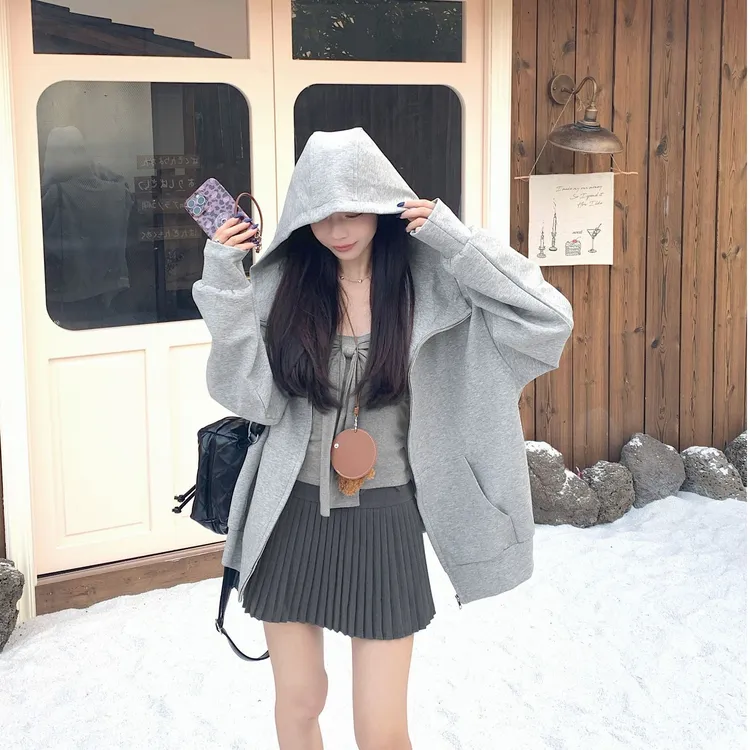 修身吊带背心+拉链连帽卫衣宽松外套+纯欲中高腰百褶短裙C 9099#