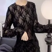 大码女装3182性感透视蕾丝修身弹力T恤长袖打底衫显瘦气质百搭