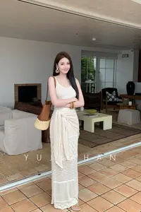 YUJIAHAN于佳含-镂空编织V领针织吊带连衣裙修身收腰长裙子+披肩