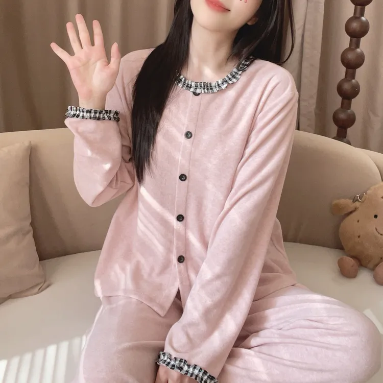 【6302粉色】格子高级感秋季甜美长袖拼接可外穿家居服睡衣宽松睡衣