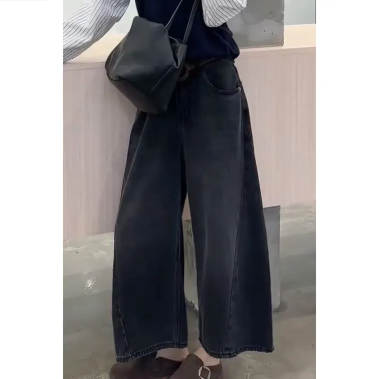 艾塔莉早秋女款秋季做旧高腰水洗牛仔裤百搭复古阔腿裤子修身显瘦