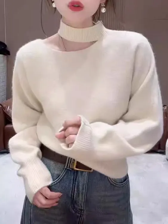 秋冬打底衫挂脖高领毛衣毛针织衫女宽松圆领针织上衣半高领上衣