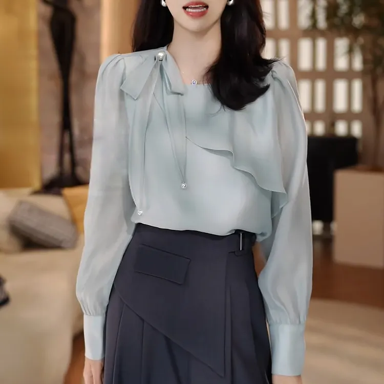 法式飘带蝴蝶结长袖衬衫女士2025秋季新款高级感轻奢垂感薄款衬衣