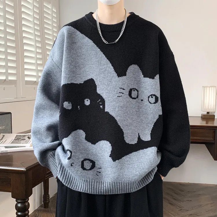 学院风毛衣男秋冬季撞色猫咪针织衫男宽松慵懒风帅气青少年上衣服