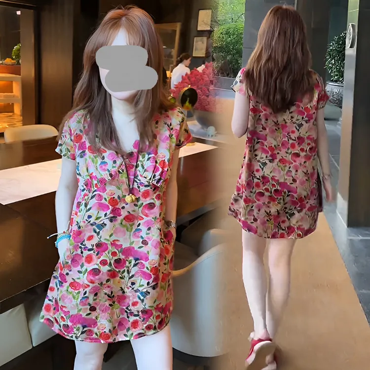 新中式国风潮流宽松V领印花衬衣女2025年夏季新款休闲风开叉上衣