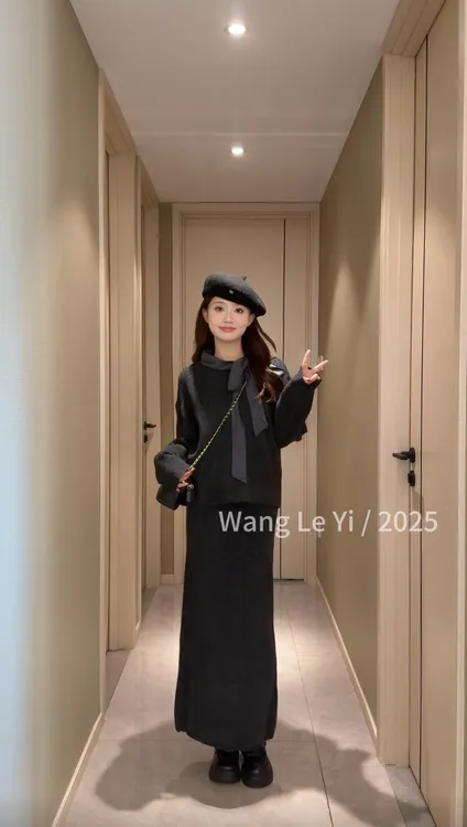 【乐一专属】高级感蝴蝶结法式慵懒显白毛衣显瘦半身裙套装女秋冬款