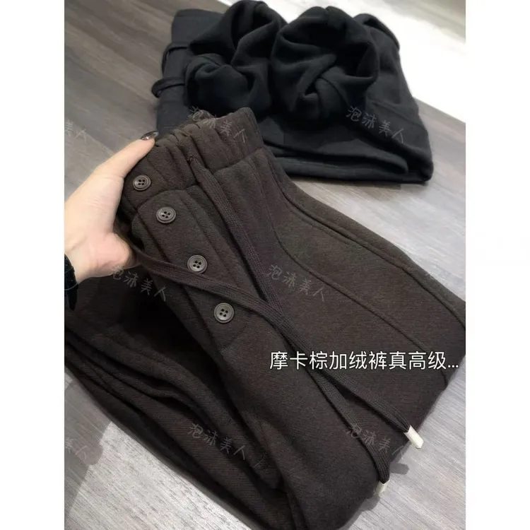 摩卡棕加绒裤」高克重垂坠筋骨感！鱼骨纹弯刀显瘦高质感阔腿裤神裤