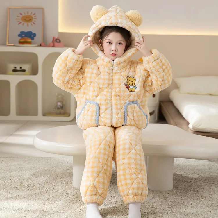 冬季三层夹棉女童睡衣法兰绒加绒加厚儿童套装公主洋气女孩家居服