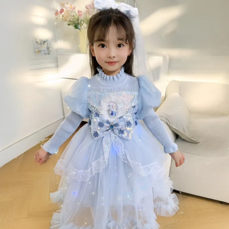 星空亮片女童冬季长袖毛衣裙女宝网纱公主裙女孩礼服裙大头纱