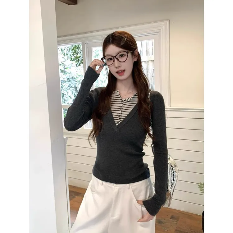 早秋新款假两件条纹拼接针织衫氛围感气质正肩长袖上衣打底衫8294