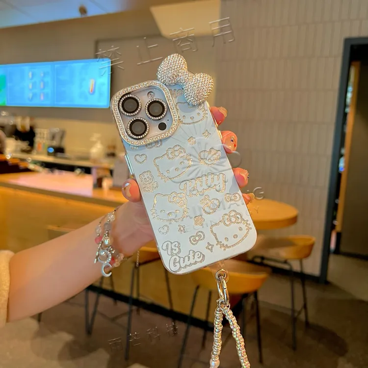 蝴蝶闪钻满钻边框KT猫天蓝色iPhoneProMax适用于苹果手机壳14/13