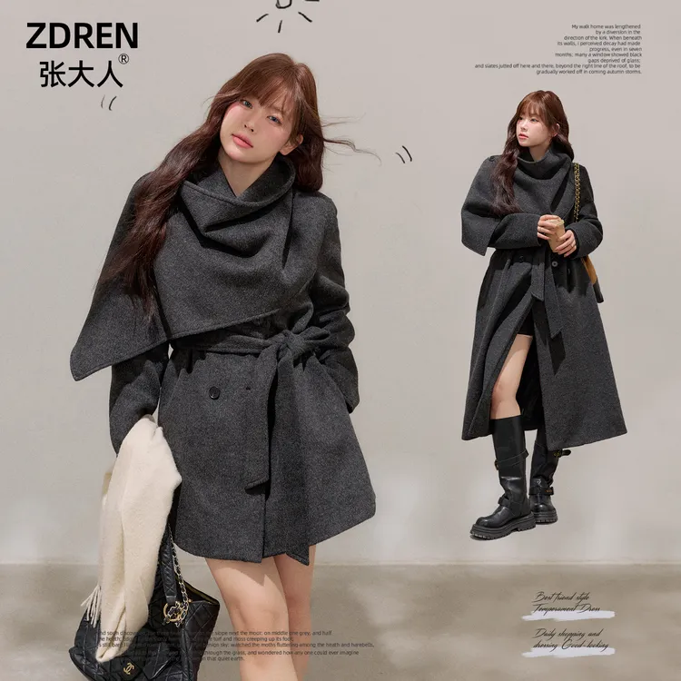 张大人0255墨尔本大码女装胖妹妹韩层次感系带收腰长短款毛呢大衣