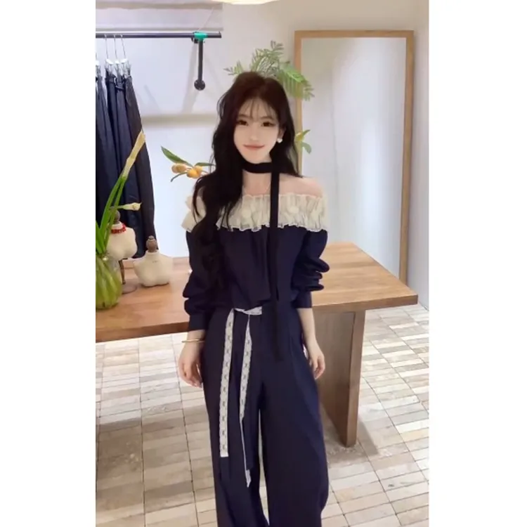 简约通勤设计感辣妹一字肩拼接长袖上衣高腰宽松百搭休闲阔腿裤女