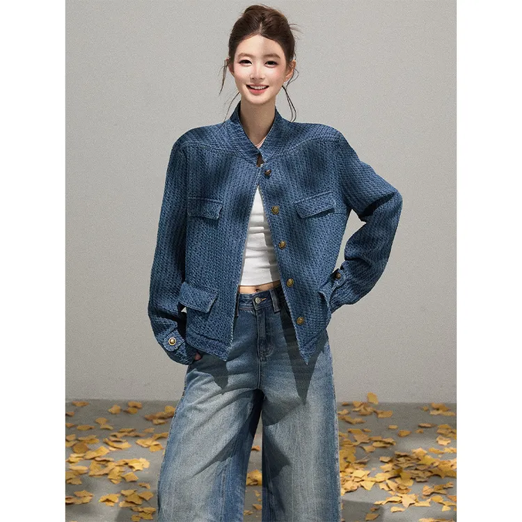 小香风蓝色立领纹理感长袖外套女秋季新款高级感慵懒宽松百搭上衣