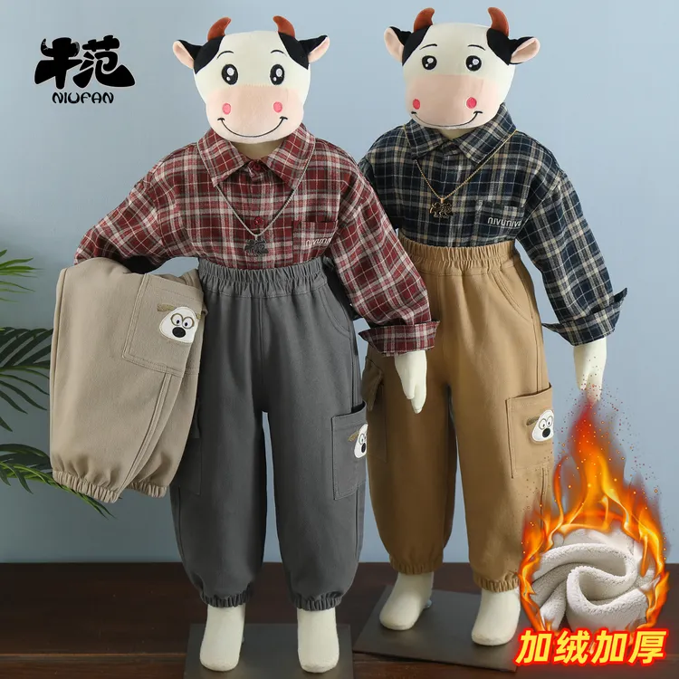 牛范儿童工装裤棉布裤加绒全棉弹力男童冬工装长裤一体绒休闲裤潮