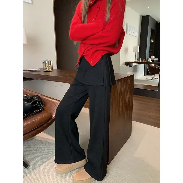 韩系假两件屁帘微喇叭裤女秋冬加绒加厚大码胖mm梨形身材休闲裙裤