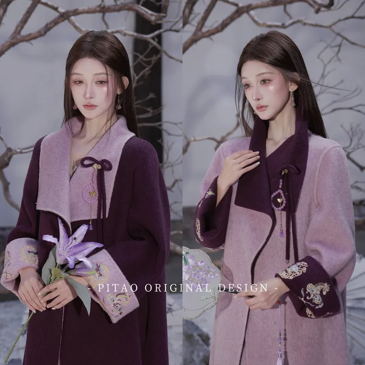 杜屁屁桃PITAO 原创【紫霞仙子】双面可穿中长款100绵羊毛大衣半裙