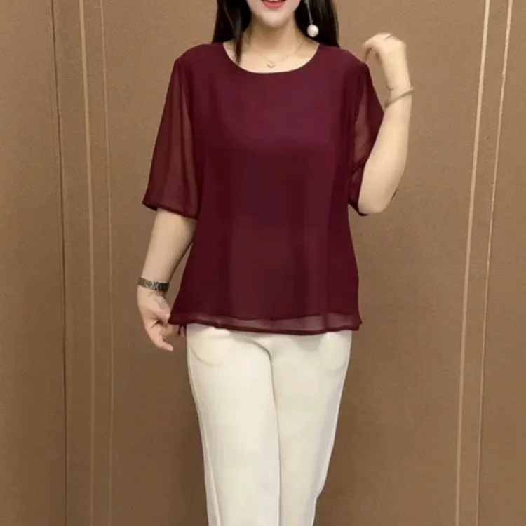 夏季新款雪纺小衫高档气质中年女士洋气百搭宽松遮肉减龄纯色上衣