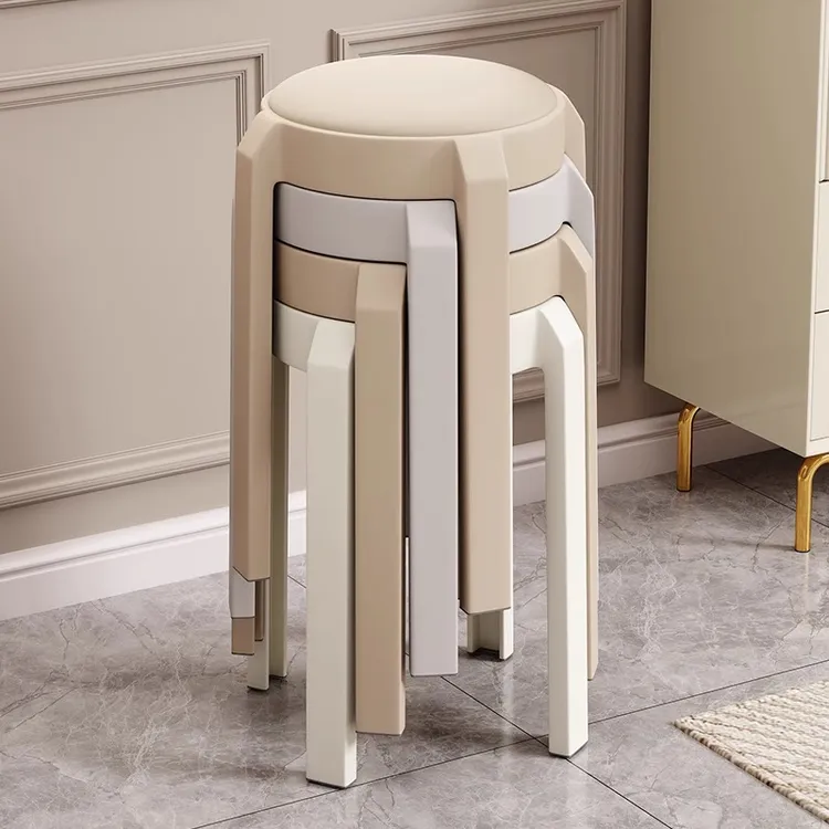 软包凳子可叠放塑料凳子家用加厚结实耐用圆凳子客人家庭备用凳子