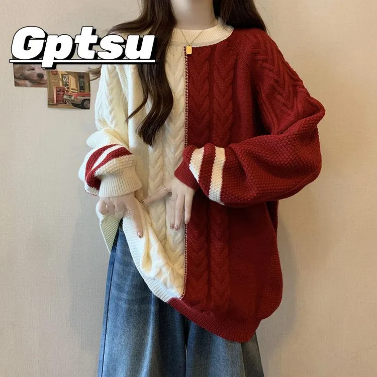 GPTSu大码女装新款冬季胖mm新年红色毛衣慵懒风显瘦中长加厚上衣
