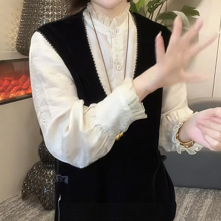 提花单排多扣长袖衬衫袖褶皱衬衫上衣宽松立领气质蕾丝百搭秋冬