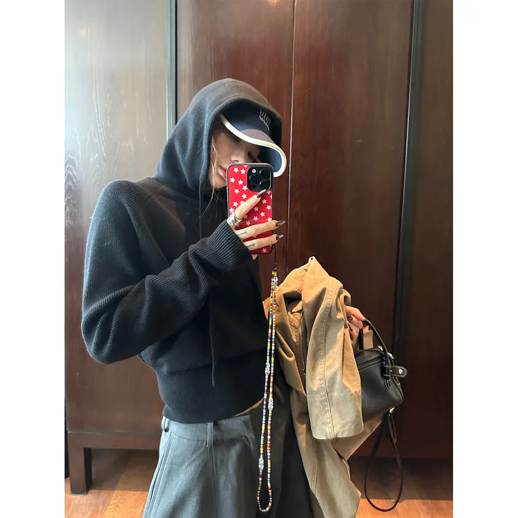 DYANGJUN【云感小黑帽】秋季新款针织连帽短款卫衣