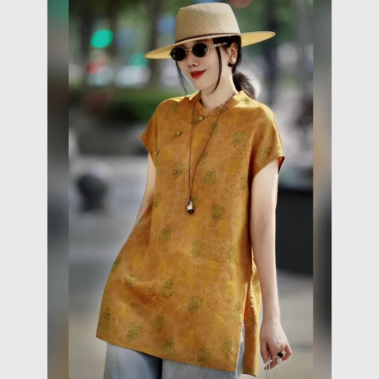 2025新款夏日穿搭绝美巨好看的新中式国风盘扣短袖印花T恤上衣女