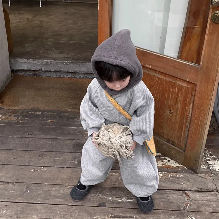 儿童冬款一体绒套装2025秋冬新款男童女童条纹连帽卫衣卫裤两件套