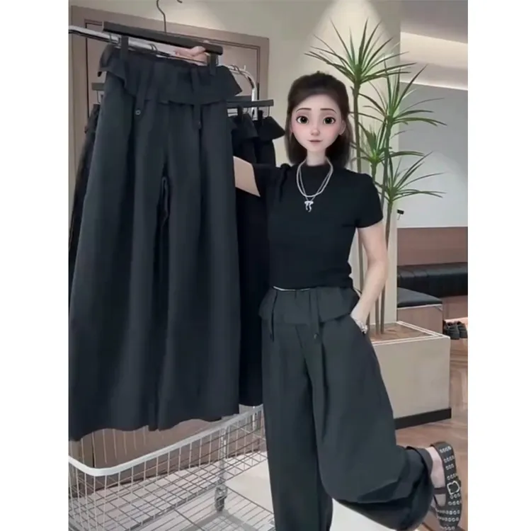 灰色阔腿休闲裤子女九分裤2025年秋季新款高腰宽松显瘦花边直筒裤