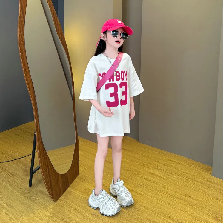 女童短袖夏季2025新款儿童洋气中长款t恤上衣中大童薄款百搭时髦