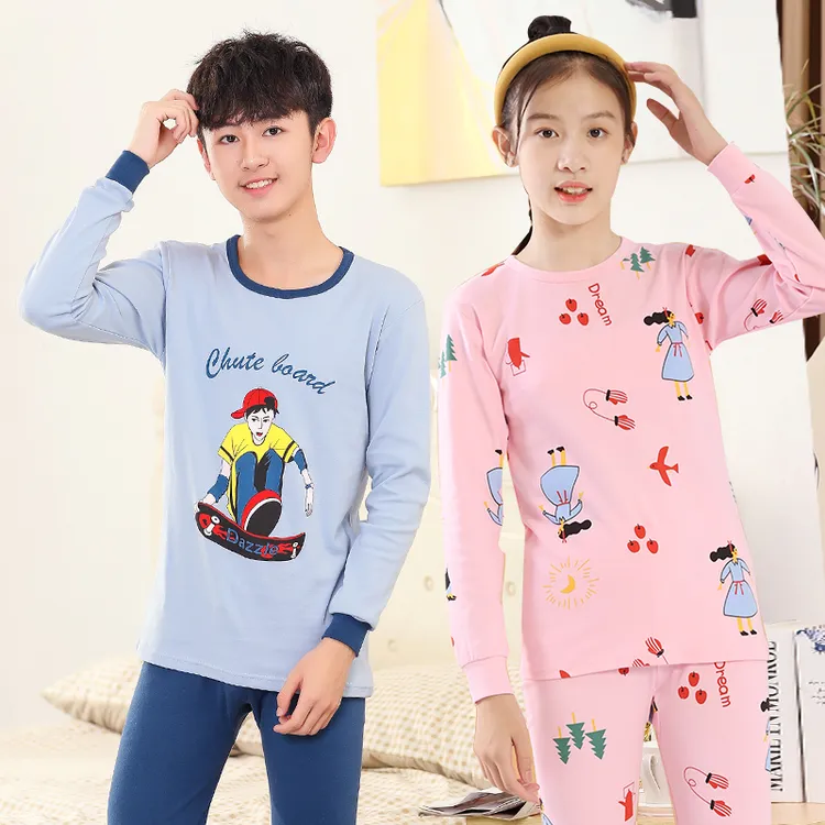 [工厂直发]儿童青少年保暖内衣男女童圆领睡衣中大童打底秋冬套装