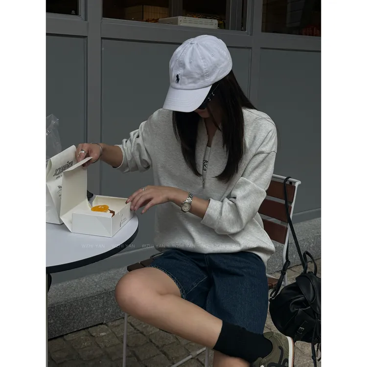 【洒脱风度】”进口棉”极简设计感气质木兰领半拉链休闲卫衣21948