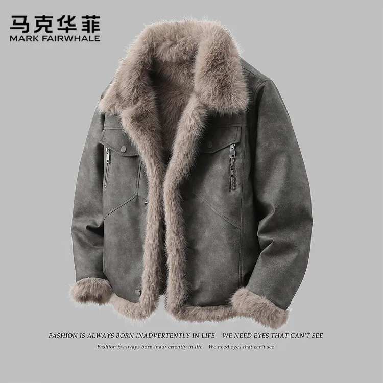 马克华菲男士冬季加绒加厚休闲上衣双面穿棉袄百搭宽松羊羔绒夹克