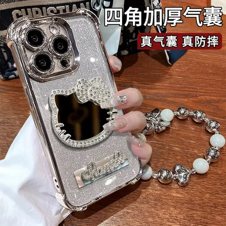 水钻KT猫镜子闪粉适用苹果16手机壳电镀四角支架华为oppovivo小米