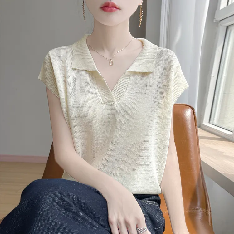 今年流行爆款纯色Polo领飞袖针织衫女冰丝亚麻气质显瘦T恤上衣