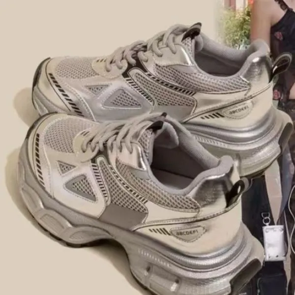 内增高女鞋夏季超火显脚小银色老爹鞋透气网面轻便运动鞋KM-K667